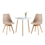 LafeuR Essgruppen Esstisch mit 2 Stühlen, 80cm Rund Esszimmertisch und 2 Skandinavischen Esszimmerstühle Esszimmergruppe für Wohnzimmer Büro Küche(Weiß Tisch+2 Khaki Stühle)