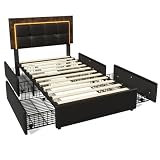 Bett mit LED-Streifen und 4 Schubladen, gepolstertes Einzelbett 90x200 cm, verstellbare Kopfstütze, schwarzes PU