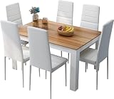 Mondeer Esstisch mit 6 Stühlen Set, Essgruppe mit Hochlehner Kunstleder Stuhl für Küche Esszimmer Wohnzimmer, W138 x D90 x H75 cm, Weiß und E