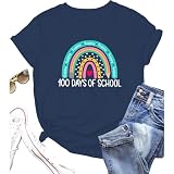 Happy 100 Days of School T-Shirts Damen Bunte Drucken Blusenshirt Lockere Klassischer Schnitt Oberteile Casual Modisch Shirt Damen Clubwear Party Top Blumenhemden (01Kriegsmarine, XXL)