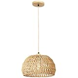 Vintage Boho Rattan Lampe Hängelampe Schlafzimmer - E27 Deckenlampe Deckenleuchte Rattan Korb Lampenschirm - Hängend Lampe Korblampe Pendelleuchte Esstischlampe Wohnzimmerlampe Keller Esszimmer F