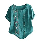 Briskorry Longbluse Damen Löwenzahn Print Große Größen Blusenshirt Sommer Kurzarm O-Ausschnitt Oberteile Leinen Baumwolle Hemd Oversize Leinenbluse Knopf Sw