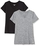 Amazon Essentials Damen Active Quick Dry Tech Stretch Kurzarm-T-Shirt mit V-Ausschnitt (in Übergröße erhältlich), 2er-Pack, Kohlegrau Space-dye/Schwarz, XL