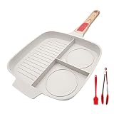 Bobikuke Grillpfanne mit abnehmbarem Griff, antihaftbeschichtet, Sektionalpfanne, Grillpfanne, Induktion, 3 Abschnitte, Frühstückspfanne, Mahlzeitenpfanne, geteilte Pfanne, Weiß