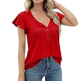 HOOUDO Tagesangebote Heute Sale Damen-T-Shirt mit kurzen Ärmeln, einfarbig, plissiert, lässig, Rundhalsausschnitt, schlankmachend Braunes Top Shirt In A-Linien Form Festlic Sale Angebote Bestellung