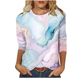 Tshirt Damen 3/4 Ärmel Lässiger Rundhalsausschnitt Tops Marmor Druck, Pullover-Shirt, Workout Tunika, Damen-Tops für Den Urlaub, Material für Sommer, Sommerblusen mit 3/4 Ä
