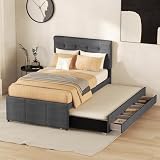 Kinderbett Polsterbett 90x200 Bettgestell Ausziehbett, Einzelbett mit Ausziehbarem Bett & 3 Stauraum Schublade für 2 Kinder, Schlafsofa mit Lattenrost,Verstellbares Kopfteil,Leinen,Grau,Ohne M