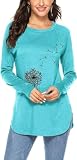 Teesho Damen Longshirt Langarm Elegant Oberteile Löwenzahn Baumwolle Shirt Casual Tops Tunika (Blauer See/L)