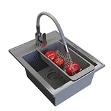 NERO Granitspüle 1-Becken Grau inkl. Küchenarmatur, Siphon & Teleskop-Tropfgestell, 50x40 cm, Individuelle Bohrlöcher Anpassb