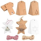 Geschenkanhänger Weihnachten, 200 Stück Anhänger Zum Beschriften, Kraftpapier Anhänger mit 20M Jute Schnur, Etiketten Anhänger, Geschenk Etiketten für Weihnachtsgeschenke Weihnachtsbäume F