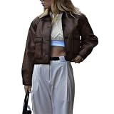 crazynekos Damen Kunstlederjacken Winter Motorrad PU Moto Biker Outwear Mantel, braun, M