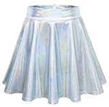 Odosalii Damen Stretch Skater Röcke Informell Mini Glocken Rock Hohe Taille Metallischer Faltenrock (Small, Laser Silber)