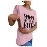 Generisch Yoga Shirt Damen Kurzarm Stillfreundliches T-Shirt mit Reißverschluss Mama NRRD A Beer 2 Teiler (Pink, XL)
