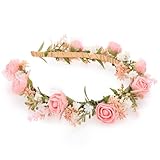 PartyforU Blumenkranz Haare Elfenohren Elfen Feen Kostüm Damen Frauen Rosa Blumenkopfband Romantisches Böhmisches Spitzen Schaumkopfstück für Faschingskostü