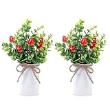 BLSYHDH 2er-Pack Gemischter Zwerg-Bonsai-Obstbaum, Künstliche Zitronen, Künstliche Äpfel, Pfirsiche, Erdbeeren, Orangenbaum, Grüne Pflanze, Künstliche Früchte mit Topf Im Topf, Perfekt für Küche,(#2)