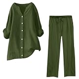 Musselin Set Damen Hosenanzug Sommer Baumwolle Zweiteiler Leinen Kurzarm Top und Lang Weit Bein Hose Set Musselin Leinenanzug Große Größen Leinen Set Einfarbig Freizeitanzug 2 Teiler S