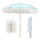 Tragbare Sonnenschirm Strand Mit Fransen Grün Sonnenschirm Balkon 180cm Gartenschirm Wasserdicht Terrassenschirm Uv-Schutz Strandschirm Mit Neigung Marktschirm Holzmast Für H