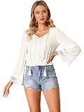 Allegra K Damen Bluse Langarm Krawatte Hals Glockenärmel Schößchen Elegant Oberteil Weiß XXL