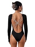 GORGLITTER Body Damen Elegant Bodysuit Rückenfrei Bodys Langarm Festival Bodysuits mit Kette Rave Outfit Oberteil Schwarz XXL