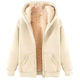 Winterjacke Damen Kapuzenpullover Fleecejacke Einfarbig Sweatjacke Warm Fleece Winter Sweatjacke Damen mit Kapuze Große Größen Plüschjacke mit ReißVerschluss Cordjacke Damen mit Taschen(A1-Beige,M)