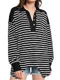 Fisoew Damen Gestreiftes Langarmshirt Oversize V Ausschnitt T-Shirt mit Knöpfe Casual Oberteil(Schwarz,L)