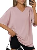Cuptacc Oberteile Damen V-Ausschnitt Halbarm Saumschlitze Lang Solid T Shirt 2026 Oversized Vielseitig Locker Kurze Ärmel Top Damen Rosa XL