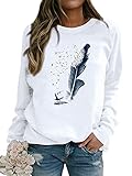 Dresswel Pullover Damen Feder Drucken Sweatshirt Langarmshirt Rundhals Langarm Shirts Herbst Winter Pulli Tops Oberteile Bluse(Weiß,M)