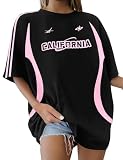 Xnova Oversized Tshirt Damen Gedruckt Kurzarm, Vintage Y2K Tops Rundhals mit Stripes, Sommer Oberteile Casual Streetwear Lose Basic Tee Shirts für Teenager Mädchen (Schwarz-Rosa, L)