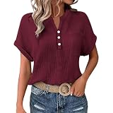 Générique Damen-T-Shirts, kurzärmlig, V-Ausschnitt, Arbeitshemd, leicht und atmungsaktiv, Knittermuster, doppellagig, Tunika, bequemes Sommeroberteil, Wein # 2, S
