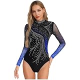 Agoky Damen Mesh Gymnastikanzug Langarm Turnanzug Rollkragen Eiskunstlauf Body Ballett Tanz Trikot Leotard mit Glitzer Wettbewerb Bühne Party Bekleidung Blau XXL