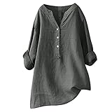 tsaChick Longbluse Damen, Angebote des Tages Frauen Leinen Baumwolle Tunika V-Ausschnitt Oversize Oberteil Schwarz Damen Eng Weit geschnitten Solide 3/4-Arm Blusen & Tuniken für Damen Knopf LTM30