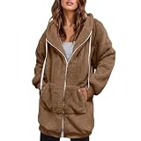 Damen Hoodie Teddy Fleece Sweatjacke Flauschig Warm Kapuzenpullover Langarm Reißverschluss Sweatshirt Autumn Winter Jacke Lange Zip Hoodies Verdickt Einfarbig Fleecejacke mit T