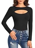 For G and PL Damen Cut Outs Tops Einfarbig Oberteile Langarm Shirt Freizeit Rundhals Fit T-Shirt Top für Herbst Winter Schwarz M