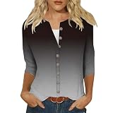 Damen-Shirts mit 3/4-Ärmeln, V-Ausschnitt, Button-Down-Shirt, Herbst 2024, lässig, trendig, grafische Oberteile, lockeres Ausgehen, Sweatshirts, 2-Schwarz, M