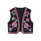 Boho-Cardigan für Damen, Retro, elegante Idee, Stickerei, Druck, bauchfreie Westen, Tops, Damen, locker, bequem, ärmellos, V-Ausschnitt, modisch, lässig, Blumenoberbekleidung, 004-Schwarz, XS