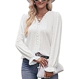 Neues Damen-T-Shirt mit Lochspitze, V-Ausschnitt, langärmliges Oberteil - Weiß - XL