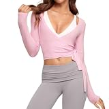 Sportbekleidung für Damen, V-Ausschnitt, Slim Fit, dehnbar, Langarm, Schnürung am Rücken, sexy, für Damen, Yoga, T-Shirt, Damen, Sport, Slim, Tunika, schick und elegant, Rosa, Larg