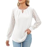 Langarmshirt Damen Einfarbig Gehöhltes Patchwork Strick Basic T-Shirt Oberteile Rundhals Plisse Lässige Übergangs Schlanke Bluse Tops Elegant Vintage Sport Pullover Tops(Weiß,M)