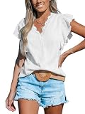 CUPSHE Damen Blusen V Ausschnitt Wellenkante Flatterärmel Spitze Oberteil Strukturiert Tunika Shirt Lässige Bluse Tops Weiß L