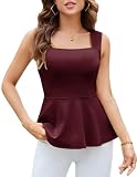 Damen Lässig Ärmelloses T-Shirt mit Quadratischem Halsausschnitt Grundsolide Farbe Schößchen Saum Tank Tops Wein S