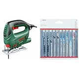 Bosch Stichsäge PST 700 E (1x Sägeblatt, Koffer, 500 Watt) + Accessories Professional 10tlg. Stichsägenblätter Set (für Holz und Metall, Zubehör für Stichsägen mit T-Schaft Aufnahme)