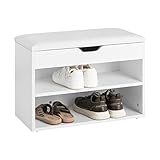 SoBuy Schuhbank Sitzbank Schuhregal mit Sitzfläche und Stauraum, stabile Schuhtruhe für Flur Wohnzimmer, platzsparend, bis 120 kg belastbar, weiß 60x30x44 cm FSR25-W