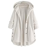 Mosstars Kapuzenjacke Damen Plüschfutter Fleecejacke Flauschiger Festlich Wintermantel Warme Teddymantel Gefütterte Winter Bequem Frauen Mantel Geknöpft Winddichte Print Wollmantel Übergröße Lang