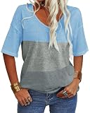 Fisoew Damen T-Shirt Farbblock Shirt mit V-Ausschnitt Sommer Halbarm Tops Oversized Tunika Tee (Blau, L)