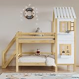 Ntxplora Etagenbett mit Handlauf und Fenster, Hausbett, Kinderbett mit Fallschutz und Gitter, Rahmen aus Holz, Weiß+Natur (90x200cm)