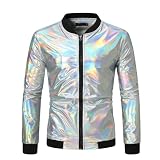 Beokeuioe Herren Metallic Jacke Nachtclub Blouson Jacke Reißverschluss College Baseball Bomberjacke Paillettenjacke Glänzender Cardigan Mantel Clubwear 70er Disco Karneval Kostü