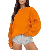 HSD Damen-Sweatshirt, einfarbig, Rundhalsausschnitt, übergroßes Sweatshirt, lockere Passform, langärmlig, leichtes Sweatshirt, lockere Bluse Pulli Vintage Damen (Orange, M)