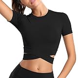 MUYOGRT T-Shirt Damen Sportshirt Kurzarm Crop Top Sexy Sport Oberteil Bauchfreie Sommer Laufshirt Funktionsshirt Atmungsaktiv Leicht Yoga Fitness Schnelle Trockene Sporttop(Schwarz，S)