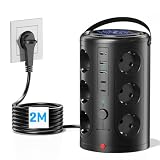 Pluackg Mehrfachsteckdose mit 5 USB, 12 Fach Steckdosenleiste mit Schaltbar Überspannungsschutz, 2M Verlängerungskabel Steckdosenturm Mehrfachstecker für Zuhause, Büro Schw