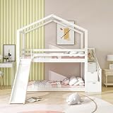 REXO Hausbett Kinderbett, Etagenbett mit Rutsche und Leiter zur Aufbewahrung, Etagenbettgestell aus Massivholz mit Lattenrost 90 x 200 cm (weiß)